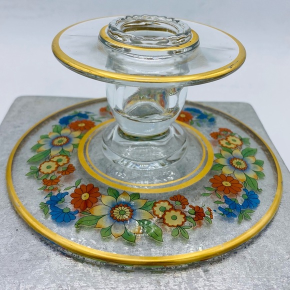 Other - Vintage Clear Glass Candle Holder Multi/Color Floral Design Accented With Gold